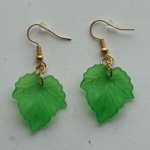 Green Leaf Charm Earrings - Gold Tone Dangles, Handmade